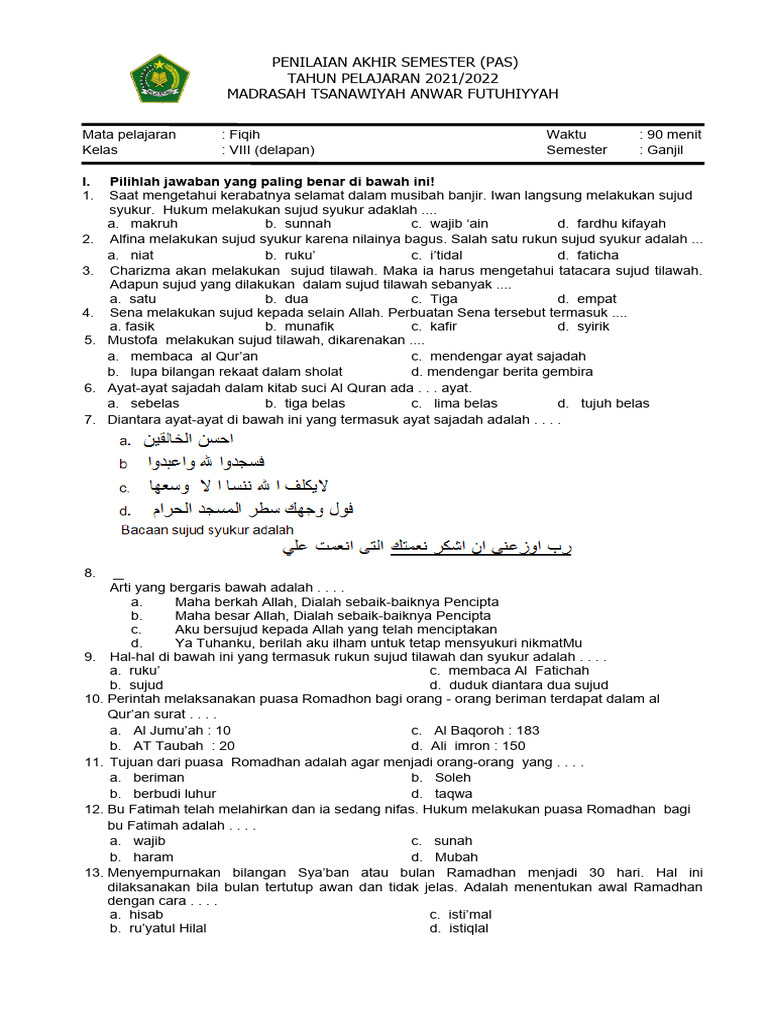 50 Soal PAS Fikih Kelas 8 SMP Semester 1 2025 + Jawaban