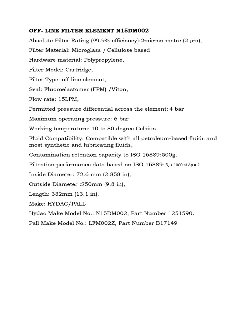Off-Line Filter Element N15DM002 Specs | PDF | Science & Mathematics ...