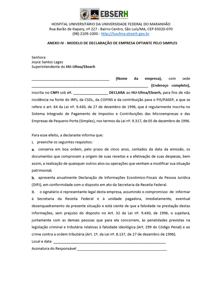 Anexo iv modelo de declaraa a o de empresa optante pdf