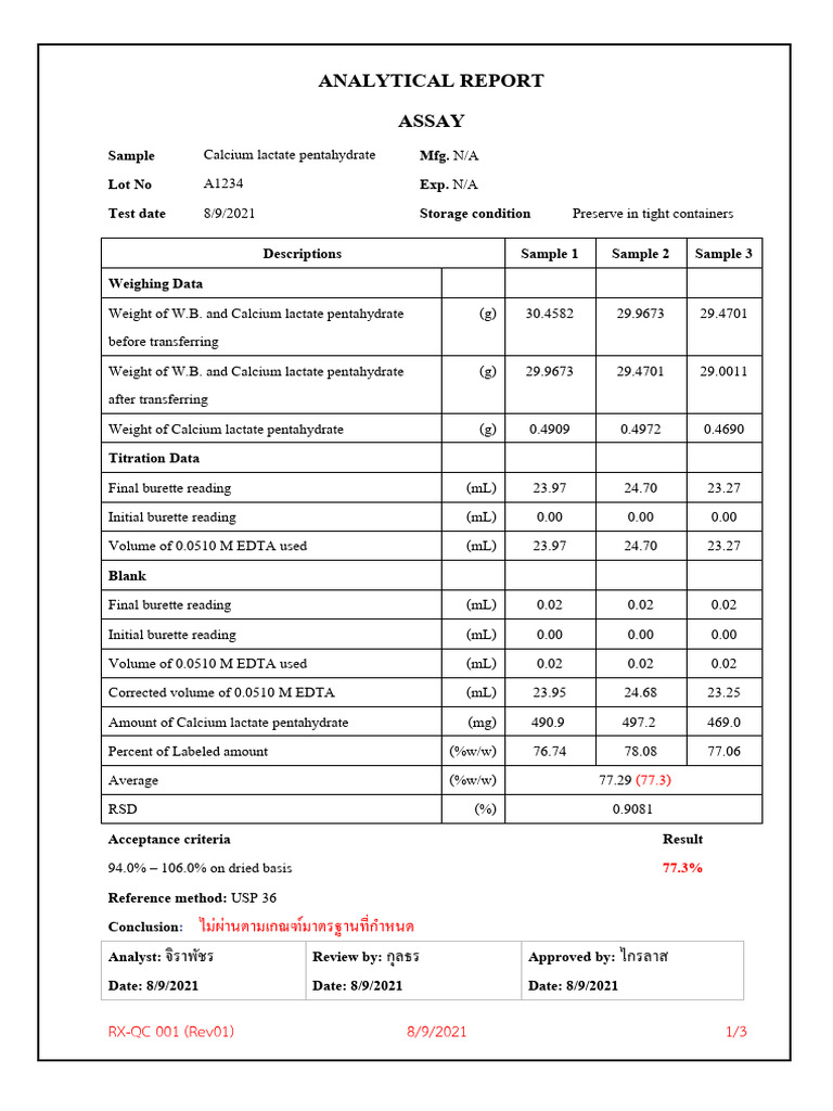 Calcium Lactate Pentahydrate Assay Report | PDF