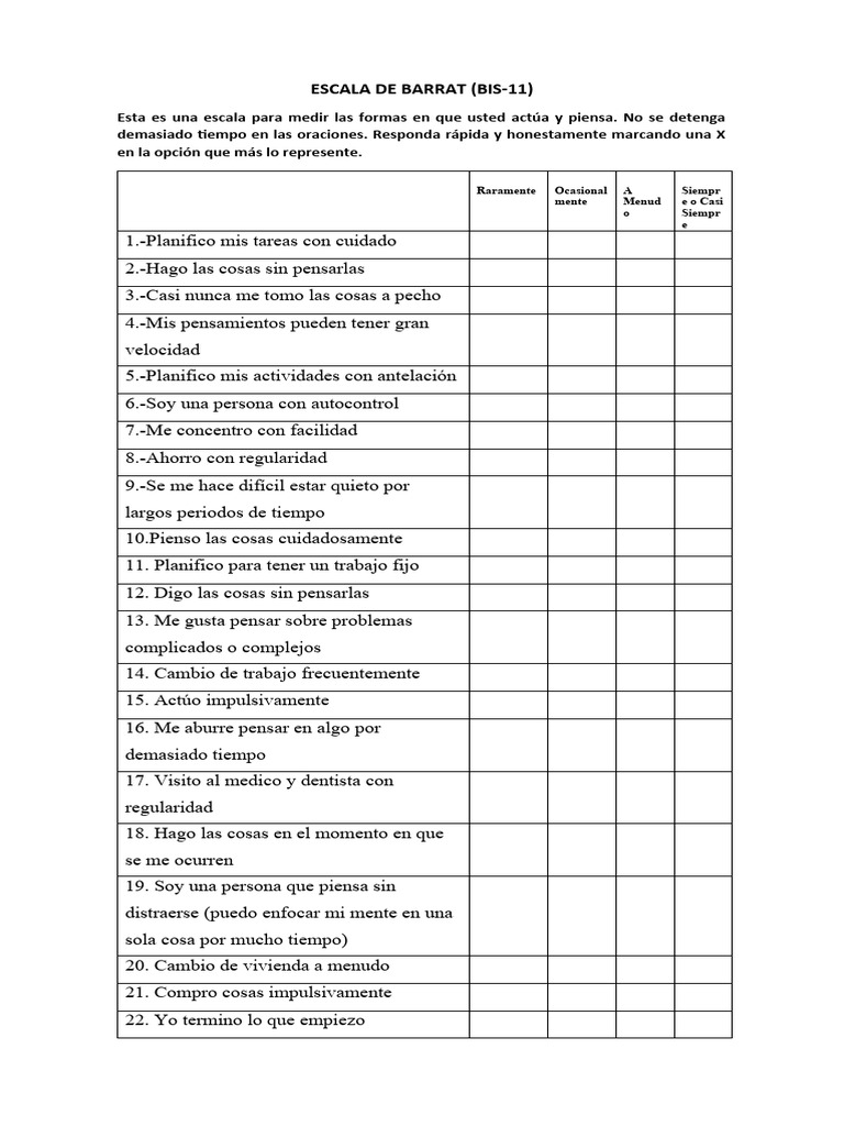Escala de Barrat (BIS-11) para Autocontrol | PDF | Crecimiento personal ...