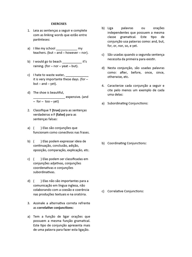 EXERCISES - Linking Words 9 Ano | PDF