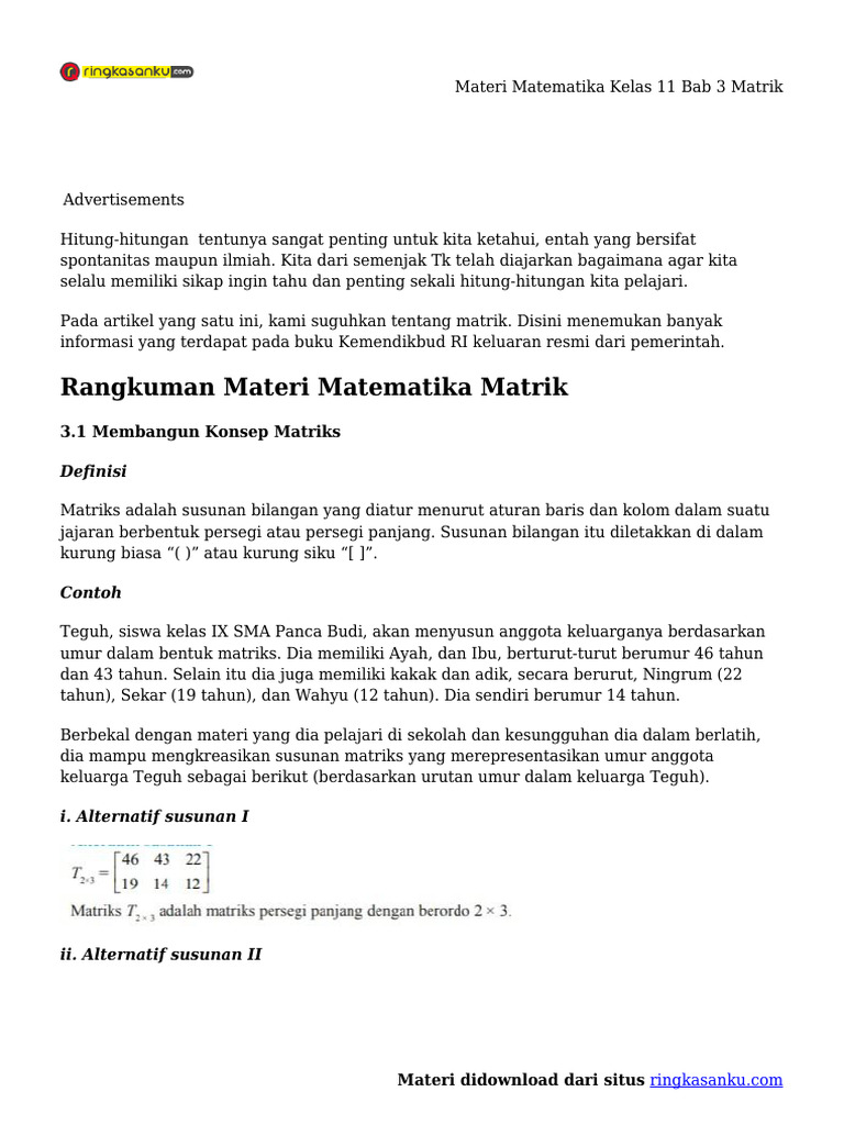 Kelas 11 - Matriks | PDF | Metode & Bahan Ajar