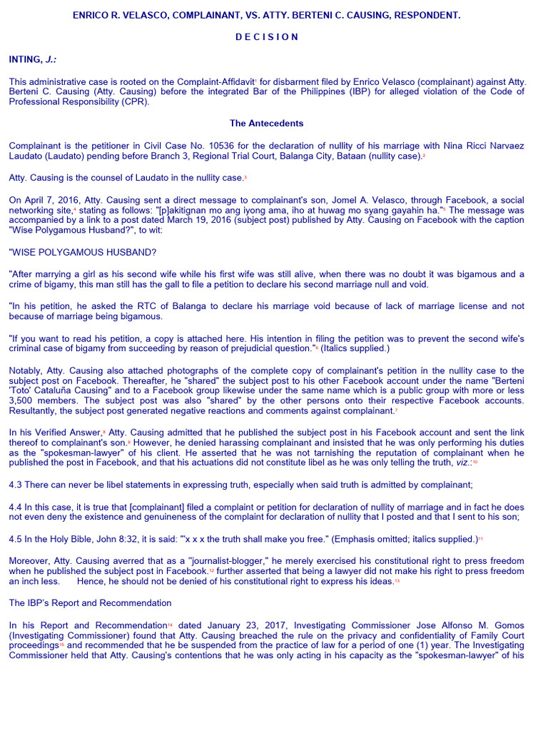 Velasco vs. Atty. Causing Disbarment Case | PDF | Lawyer | Annulment
