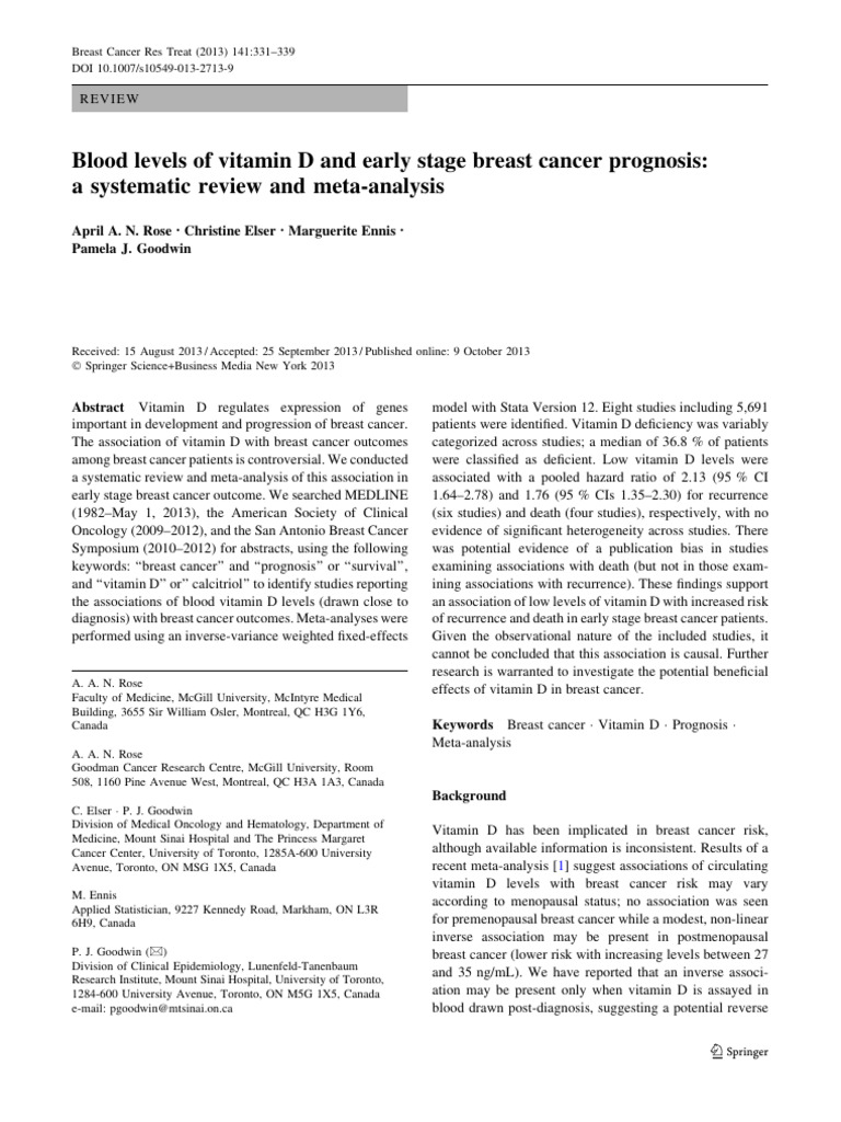 Blood Levels of Vitamin D and Early Stage Breast Cancer Prognosis A