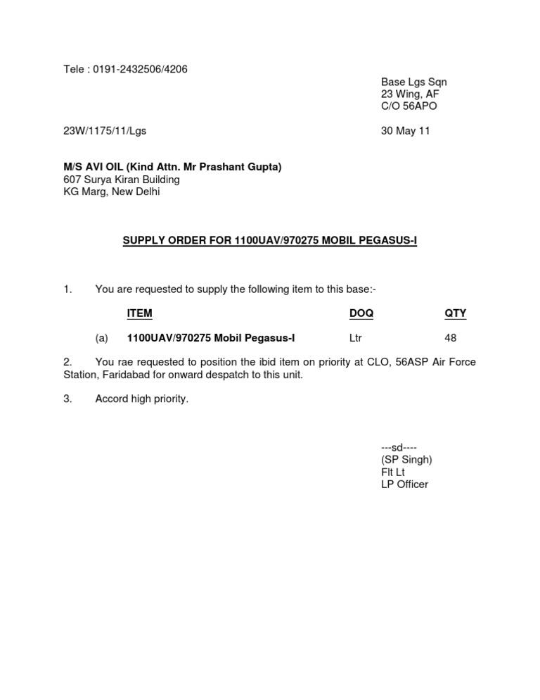 Supply Order for Mobil Pegasus-I | PDF