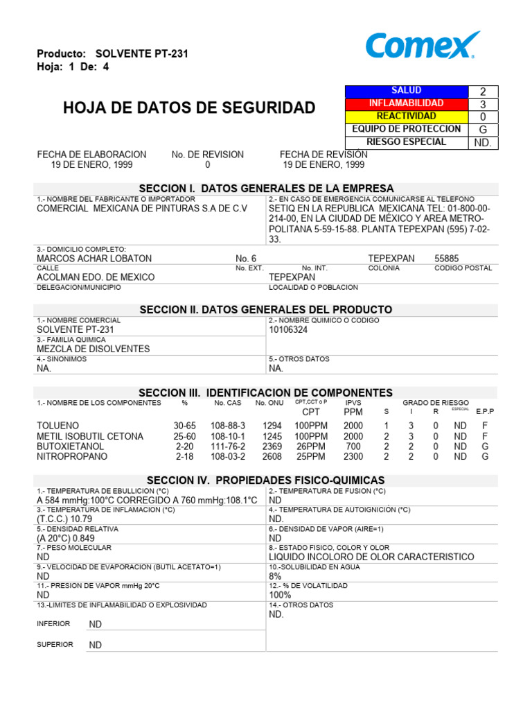 Hoja de Seguridad Solvente PT-231 | PDF | Agua | Solvente