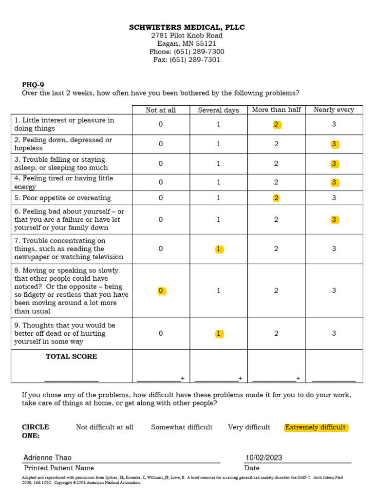 PHQ 9 PDF Emotions Psychology