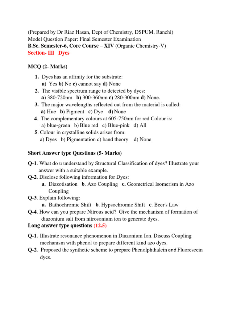 Model Question paper End semeste2021 BSc6 Dyes PDF