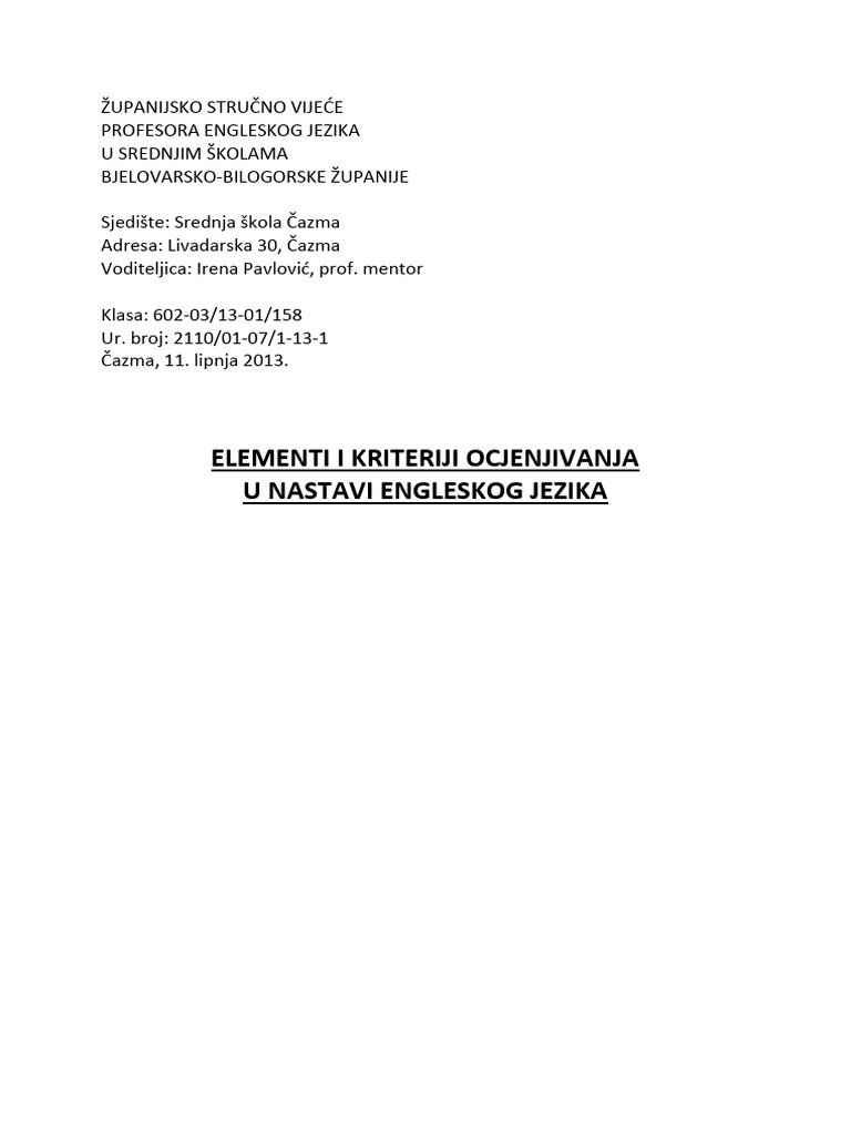 Elementi I Kriteriji Ocjenjivanja U Nastavi Engleskog Jezika | PDF