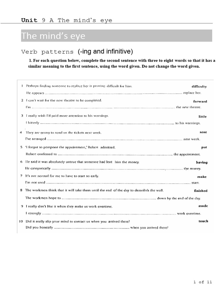 The Mind's Eye Verb Patterns (Ing and Infinitive) PDF