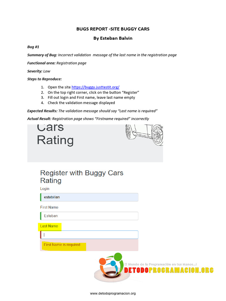 Bug Report: Issues on Buggy Cars Site | PDF | Software Bug | Computing