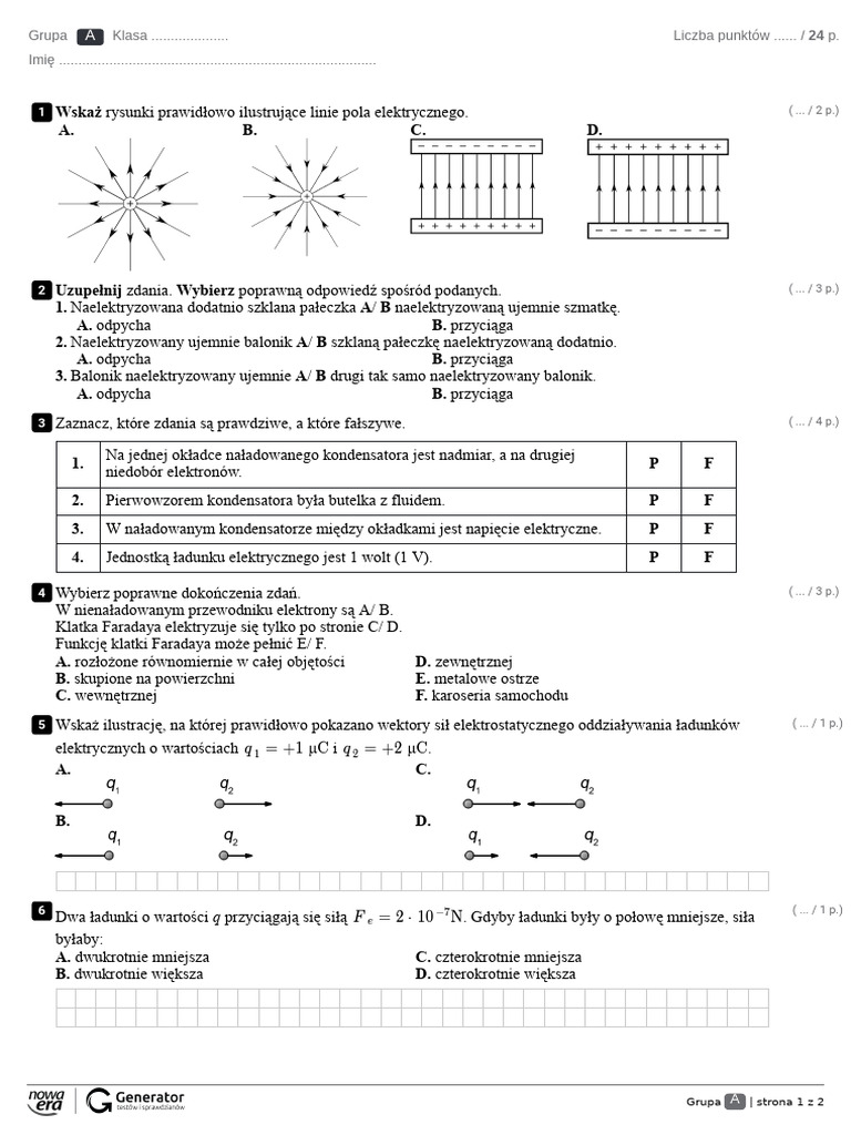 Fizyka Elektrostatyka Sprawdzian Klasa 8 Elektrostatyka Test (z Widoczną Punktacją) | PDF