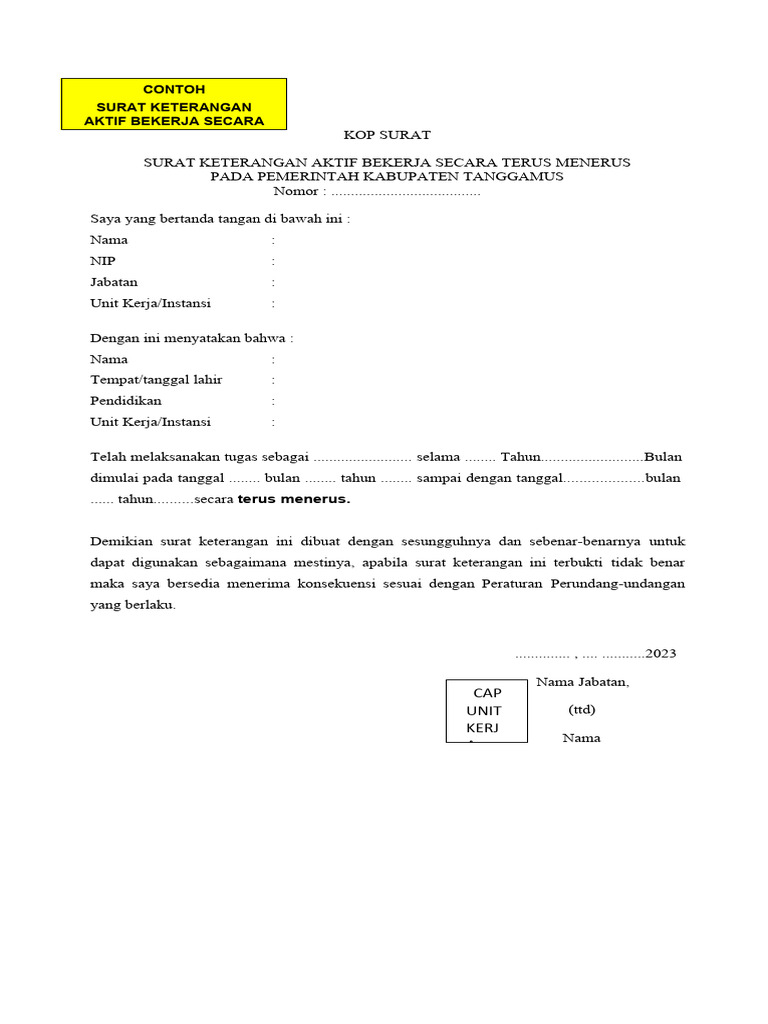 4 Contoh Surat Keterangan Aktif Bekerja Terus Menerus | PDF