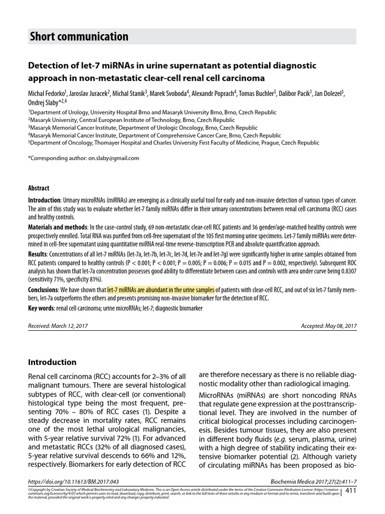 Detection of let 7 mirnas in urine supernatant as potential diagnostic