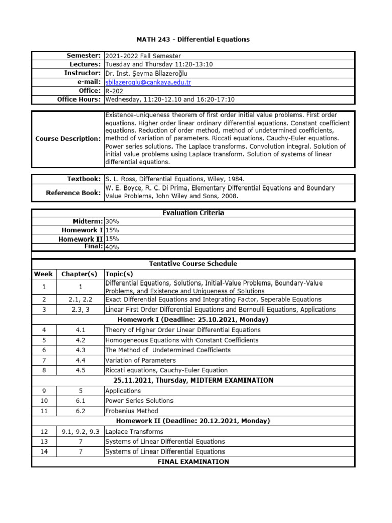 Courseplan math243 21 22 fall pdf equations ordinary differential