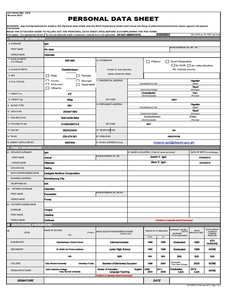 Personal Data Sheet | PDF