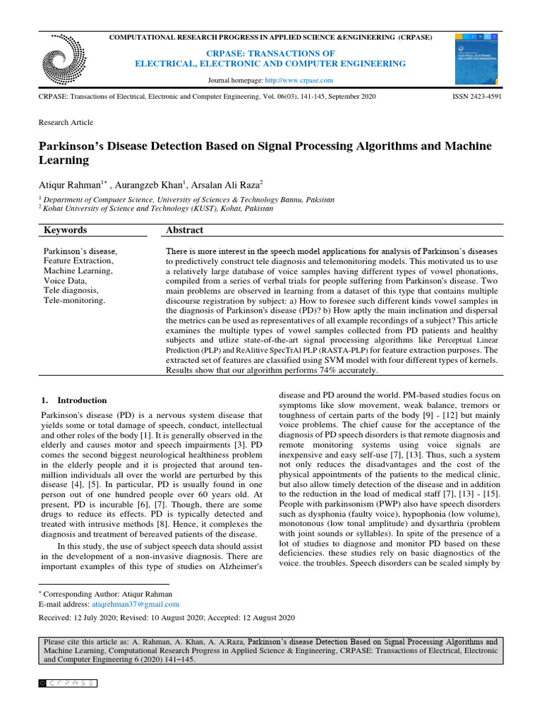 Parkinson's Disease Detection Using ML | PDF | Spectral Density ...