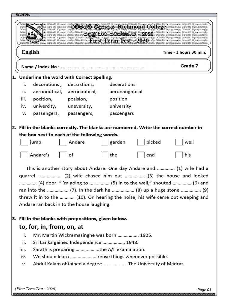 Grade 7 English First Term Test 2020 | PDF | Young Adult