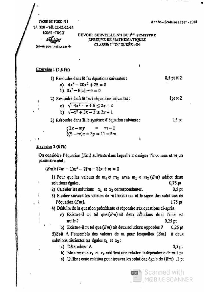 Devoir Surveillé Du Premier Trimestre Épreuve de Mathématiques 1ère D | PDF