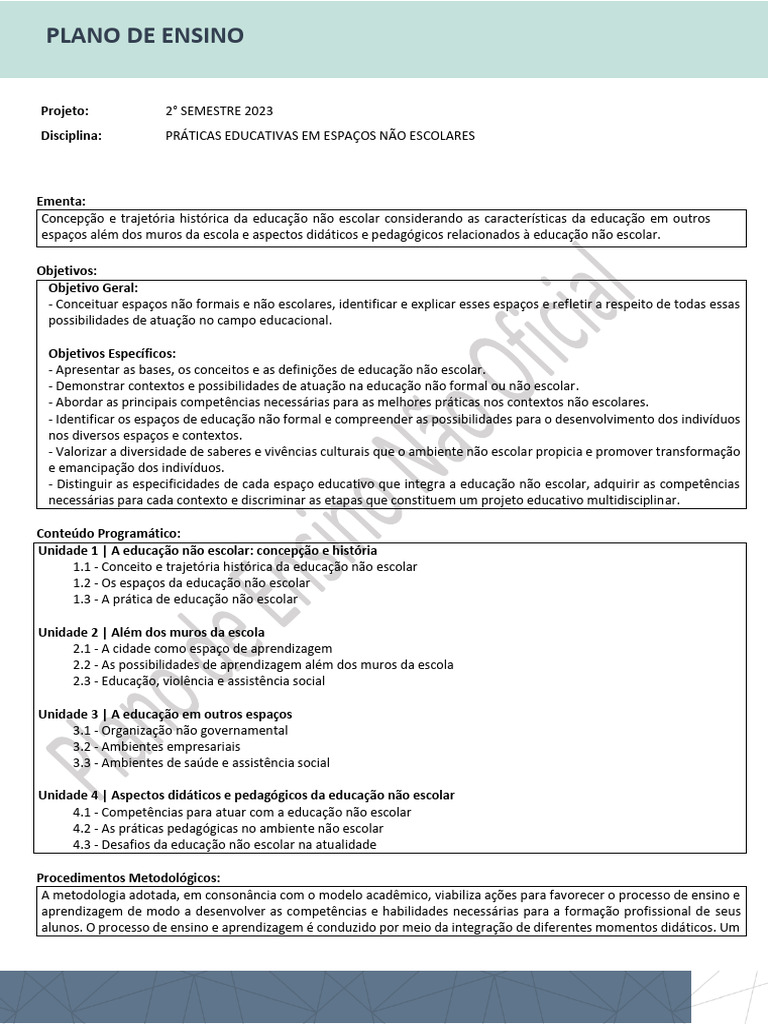 Plano de Ensino | PDF | Pedagogia | Aprendizado