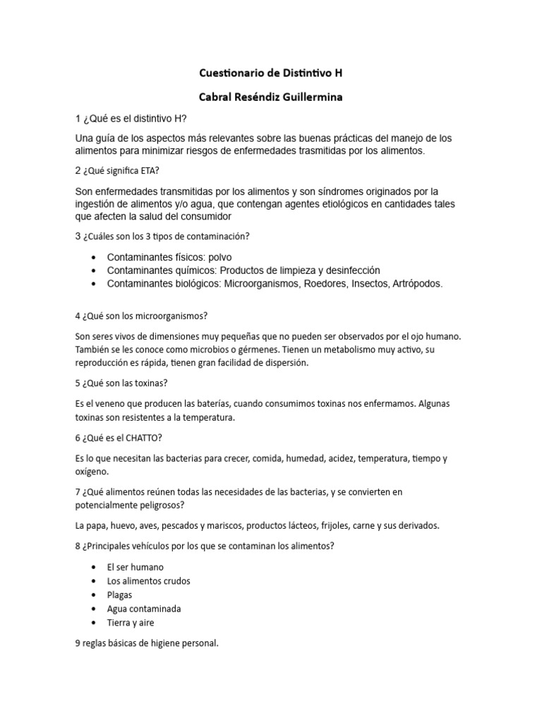 Cuestionario de Distintivo H | PDF | Cocina, comidas y vino