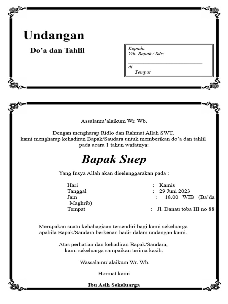 Undangan Tahlil 1 Tahun | PDF