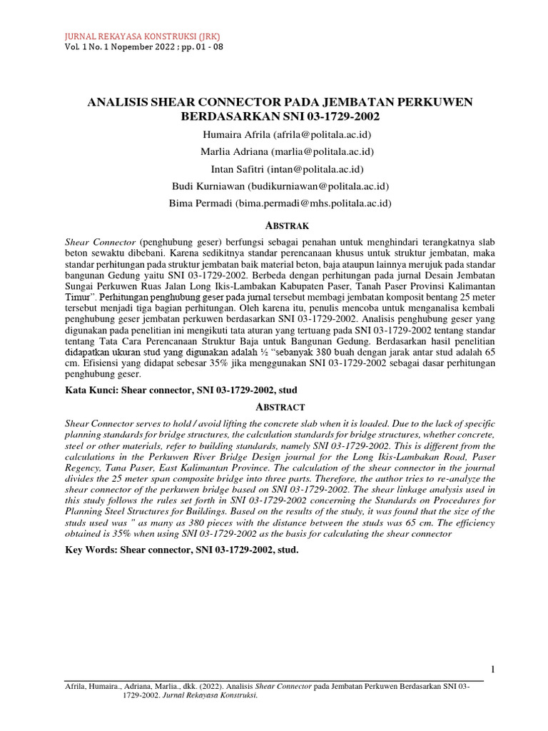 Analisis Shear Connector Pada Jembatan Perkuwen Berdasarkan Sni 031729
