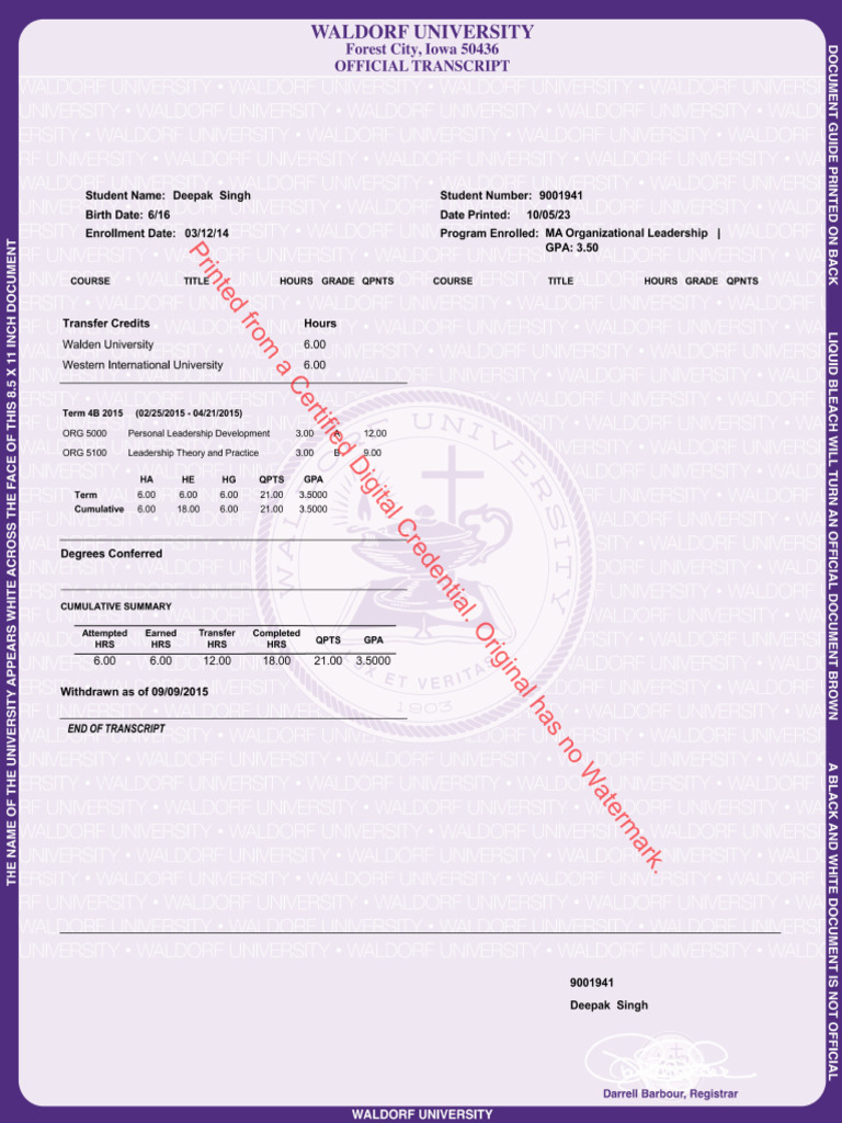 Waldorf University Transcript of Deepak Danny Singh October 6, 2023 | PDF