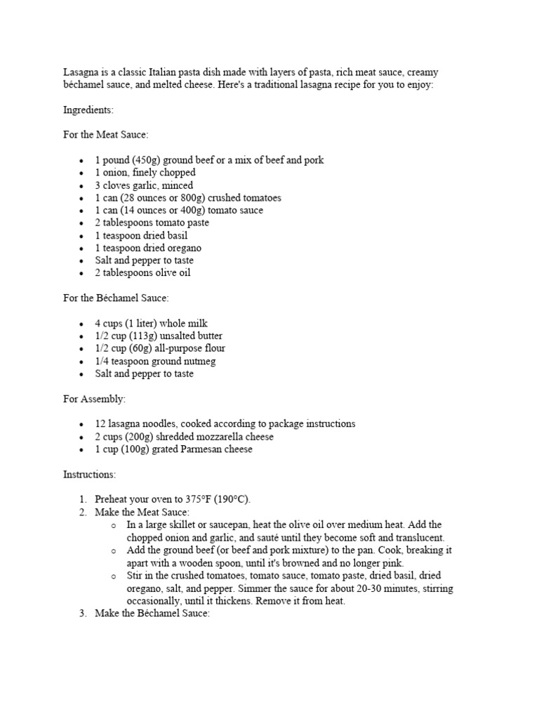 Lasagna Recipe | PDF