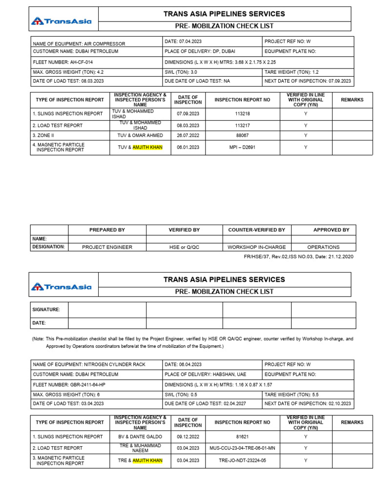 Pre-Mobilization Checklist for Dubai Petroleum Equipment | PDF | Law ...