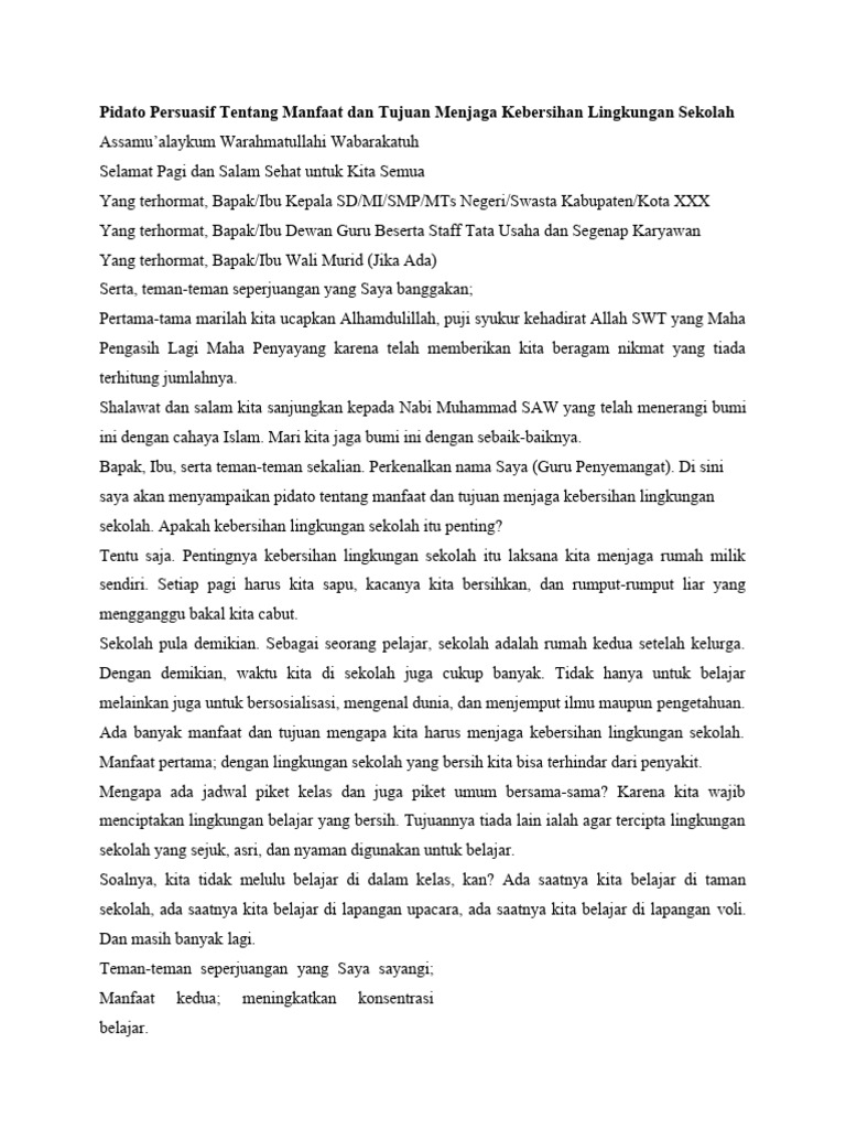 Contoh Pidato Persuasif Tentang Menjaga Kebersihan Lingkungan Sekolah PDF