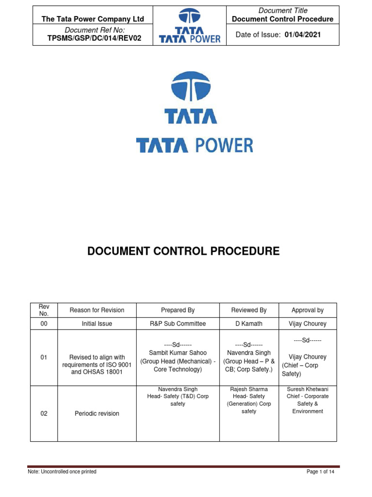 11 - Tata Power Safety Document Control Procedure | PDF | Safety