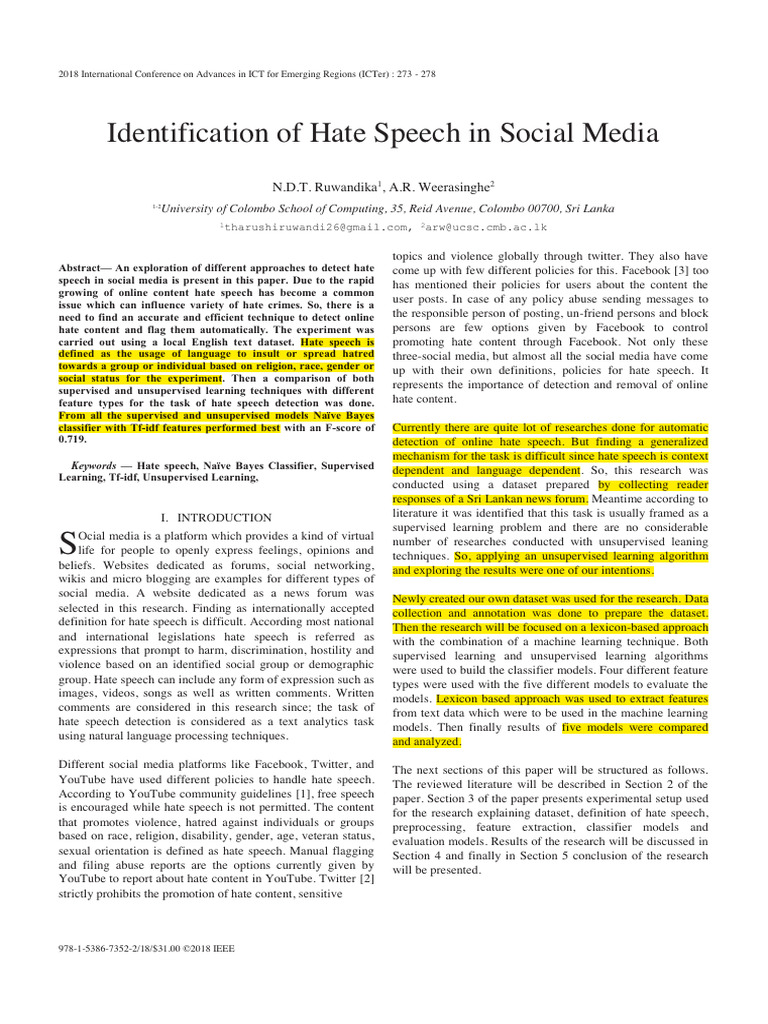 1 Identification of Hate Speech in Social Media | PDF | Machine ...