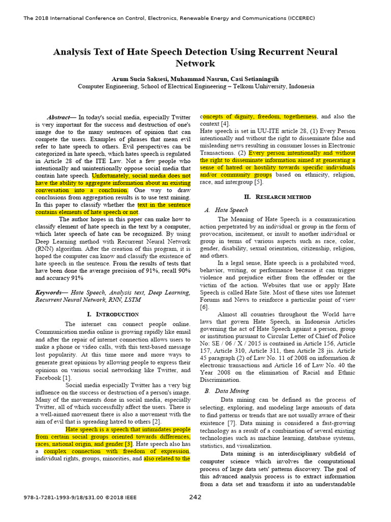 Hate Speech Detection via RNN Analysis | PDF | Computers | Technology ...