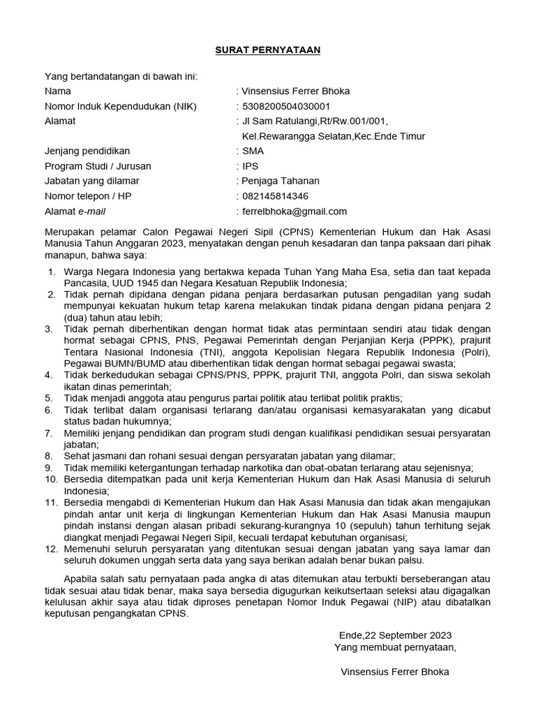 Surat Pernyataan CPNS 2023 | PDF
