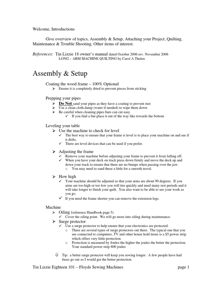 Tin Lizzie 18 101 Overview PDF Quilting Sewing Machine