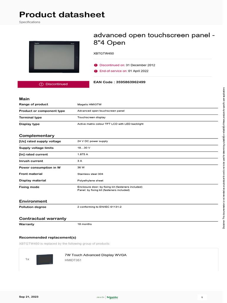 Discontinued Magelis Touchscreen Panel | PDF