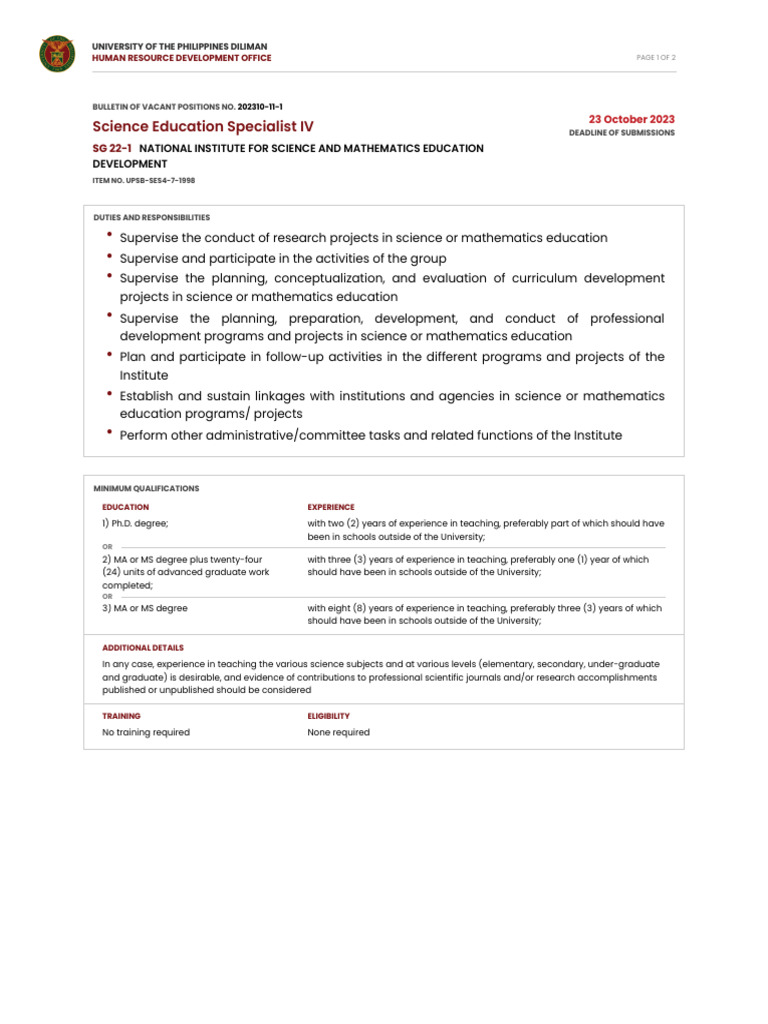 Science Education Specialist IV NATIONAL INSTITUTE FOR SCIENCE AND MATHEMATICS EDUCATION