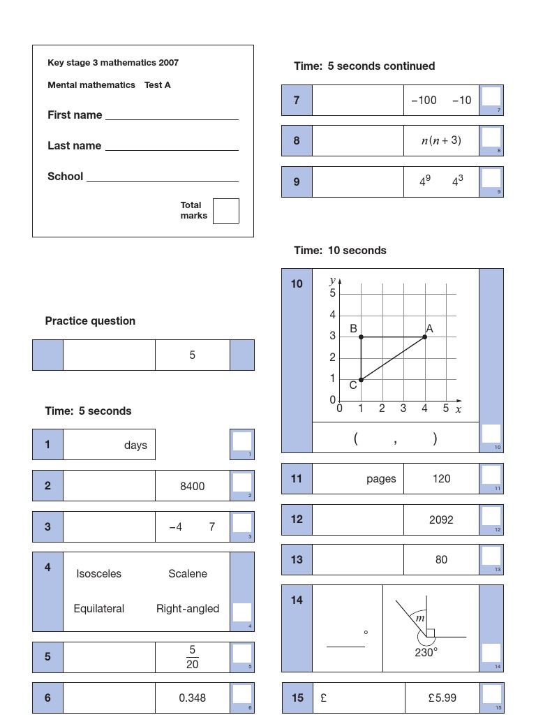 KS3 Maths 2007 Mental Test A | PDF | Teaching Methods & Materials