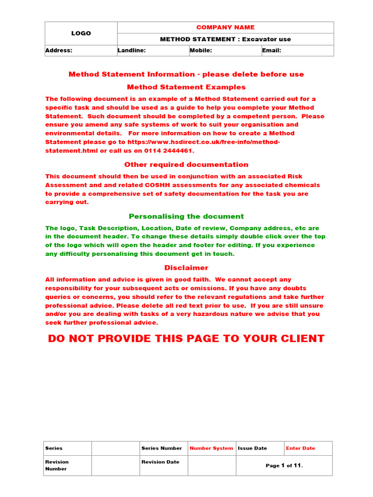 Excavator Safe Work Method Statement | PDF