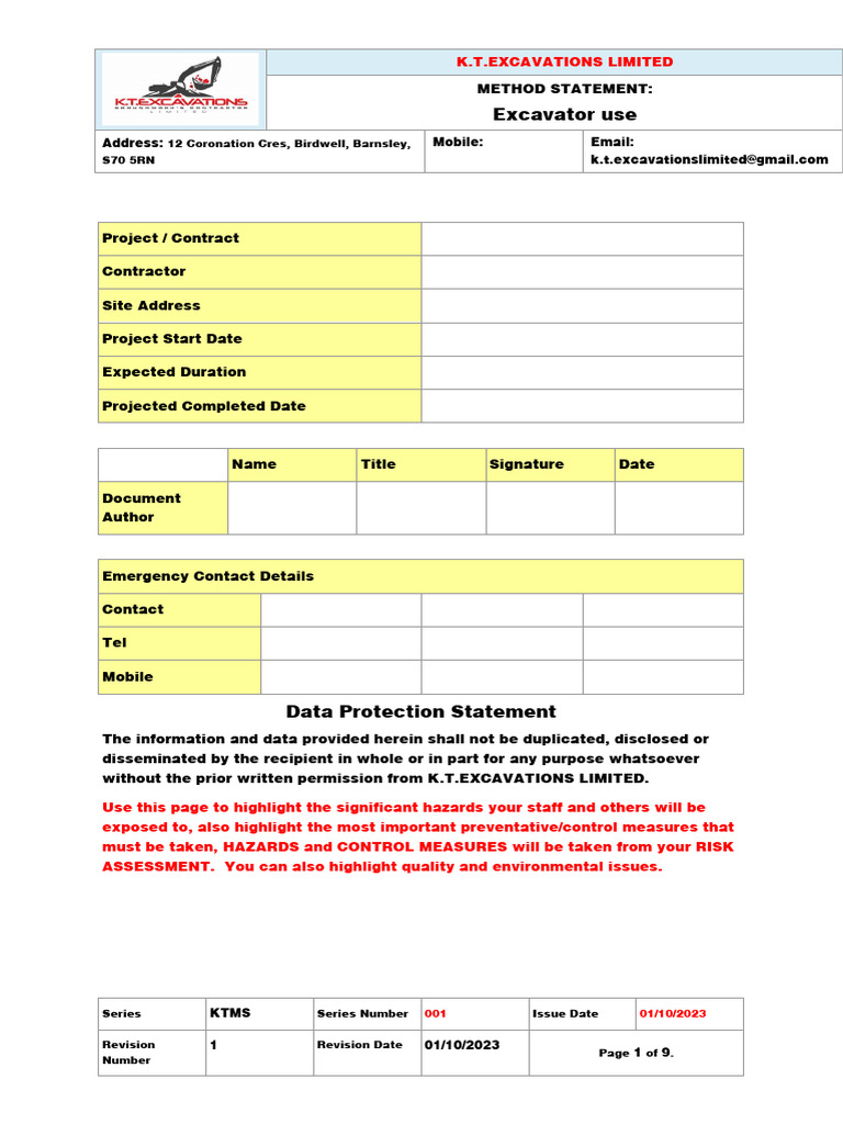 Excavator Use Method Statement | PDF