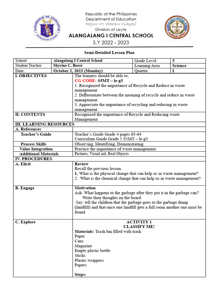 Grade 5 Science Lesson on Waste Management | PDF | Wellness