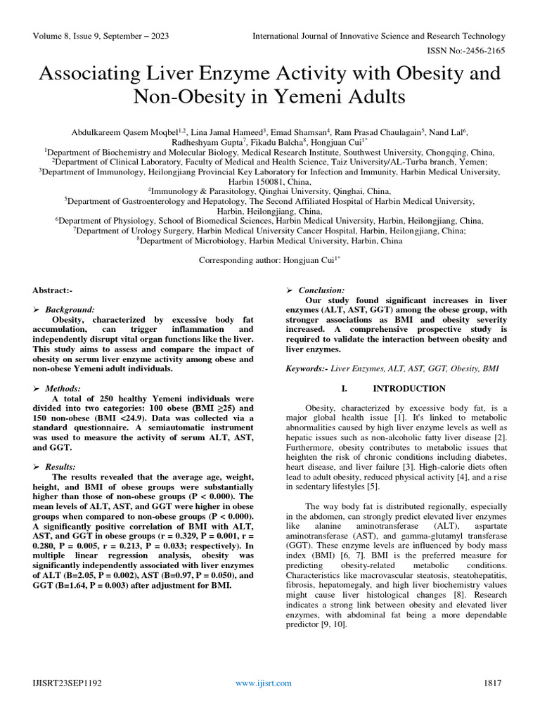 Associating Liver Enzyme Activity With Obesity and NonObesity in Yemeni Adults PDF