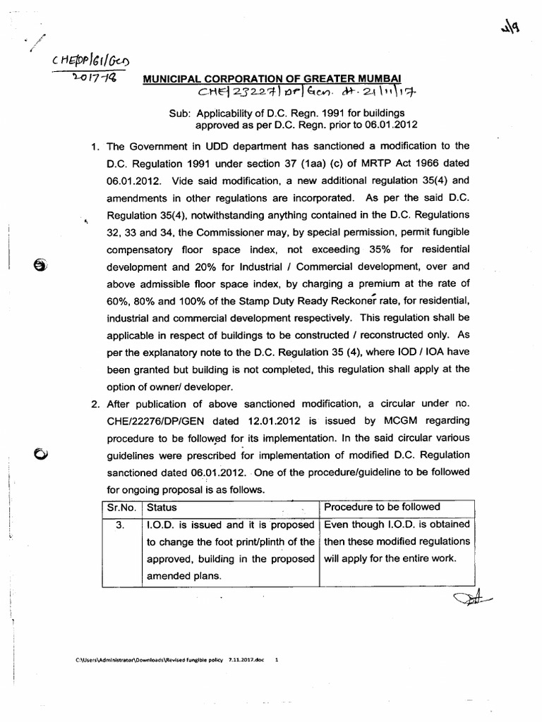 Applicability of D.C. Regn 1991 For Bldgs Approved As Per D.C. Regn ...
