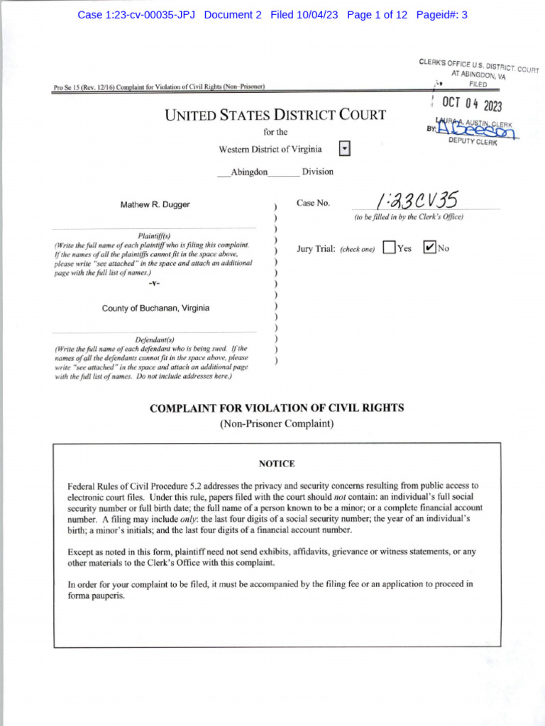 Dugger v County of Buchanan Virginia Vawdce2300035 0002.0 PDF