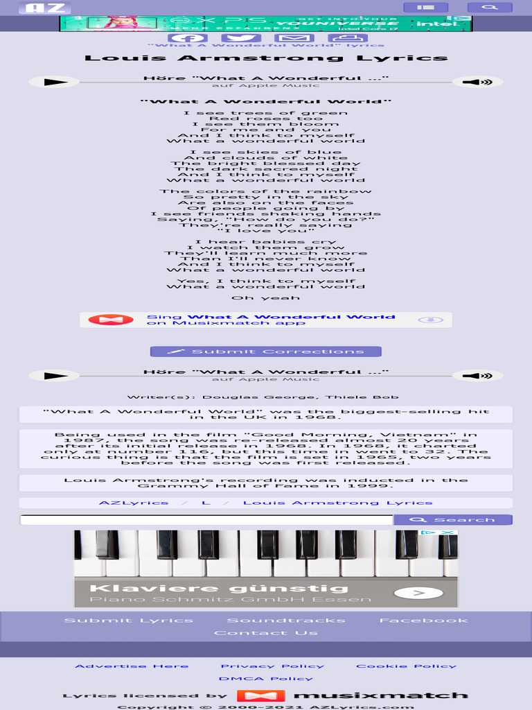 Louis Armstrong - What A Wonderful World Lyrics | PDF