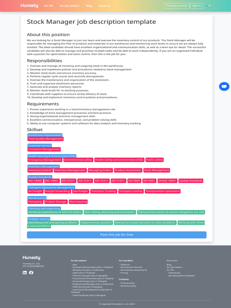 Stock Manager Job Description Template - Huneety | PDF