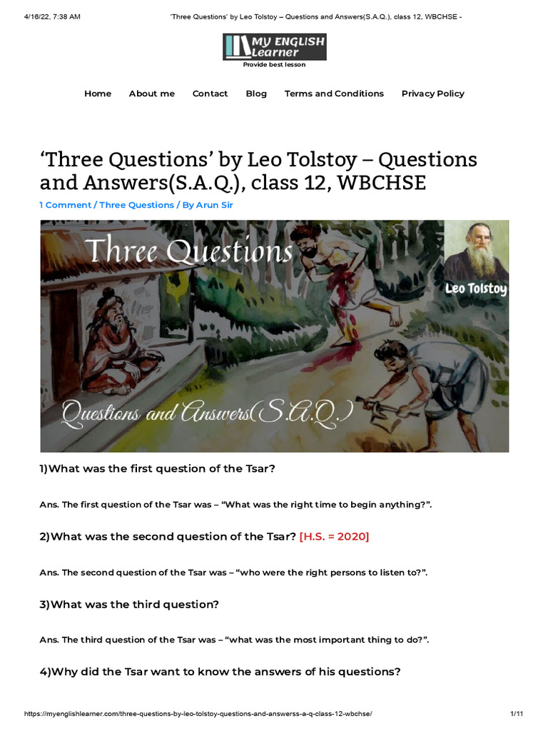 Three Questions' by Leo Tolstoy Questions and Answers (S.a.Q.), Class 12, WBCHSE PDF