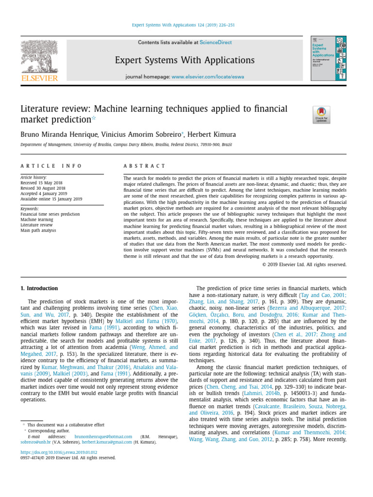 literature review machine learning techniques applied to financial market prediction